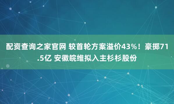 配资查询之家官网 较首轮方案溢价43%！豪掷71.5亿 安徽皖维拟入主杉杉股份